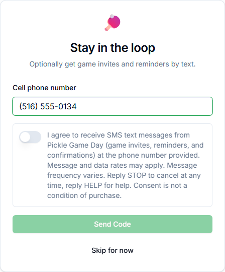 Step 1 — During account setup, the user enters their phone number and must actively turn on the consent toggle before a code can be sent.
